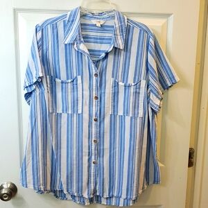 Terra & Sky Blue and White Striped Button-Up Shirt 1x